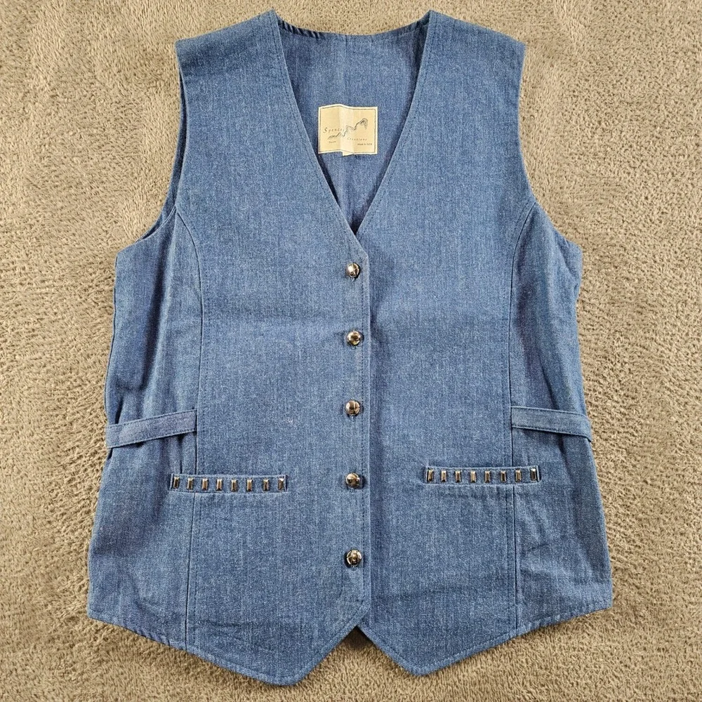 Spencer Creations Tucson Blue Denim Studded Western Vest Small Made in USA VTG